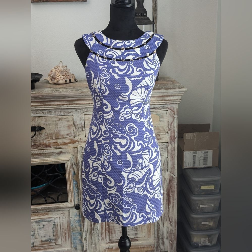 Lily Pulitzer "Lindy" Beaded Neck Shift Dress, Spectrum Blue Tide Pools  Size 0